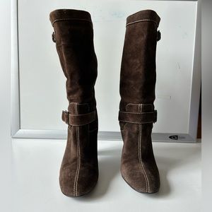 Calvin Klein brown buckled high heel boots